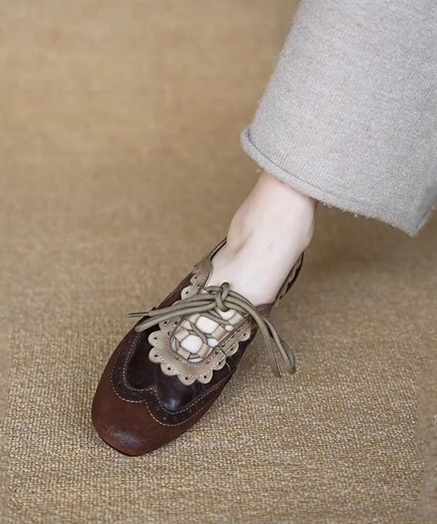 Coffee Cowhide Leather Splicing Suede Flat Shoes Lace Up