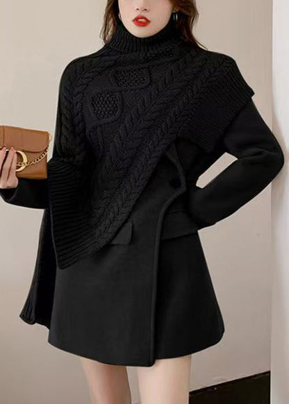 Loose Khaki Asymmetrical Knit Cape Tops and Coat Woolen Two-piece Set Spring