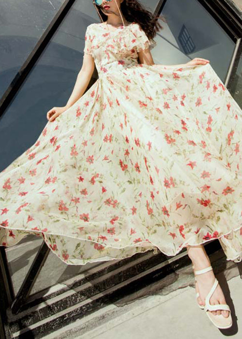 Pink V Neck Print Chiffon Exra Large Hem Dress Summer