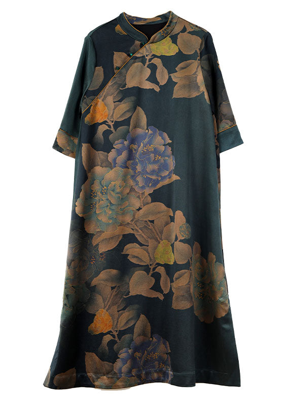 Stand Collar Print Button Silk Long Dress Fall