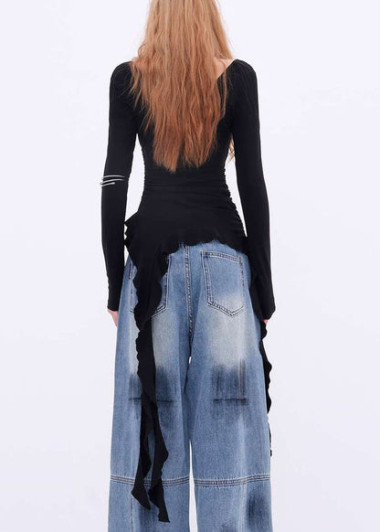 New Black Asymmetrical Cotton T Shirts Spring