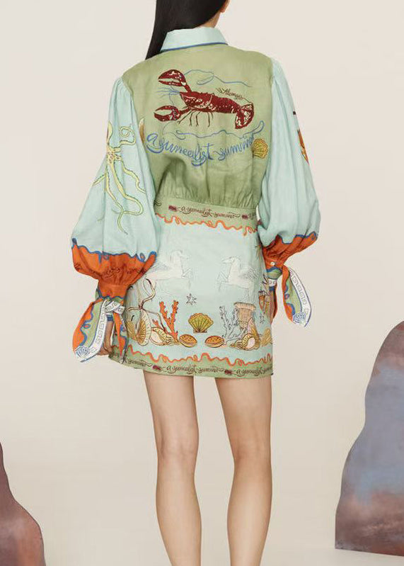 Asymmetrical Print Lace Up Cotton Dress Long Sleeve