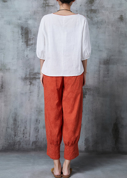 White Oriental Linen Two Piece Set Clothing Embroidered Summer