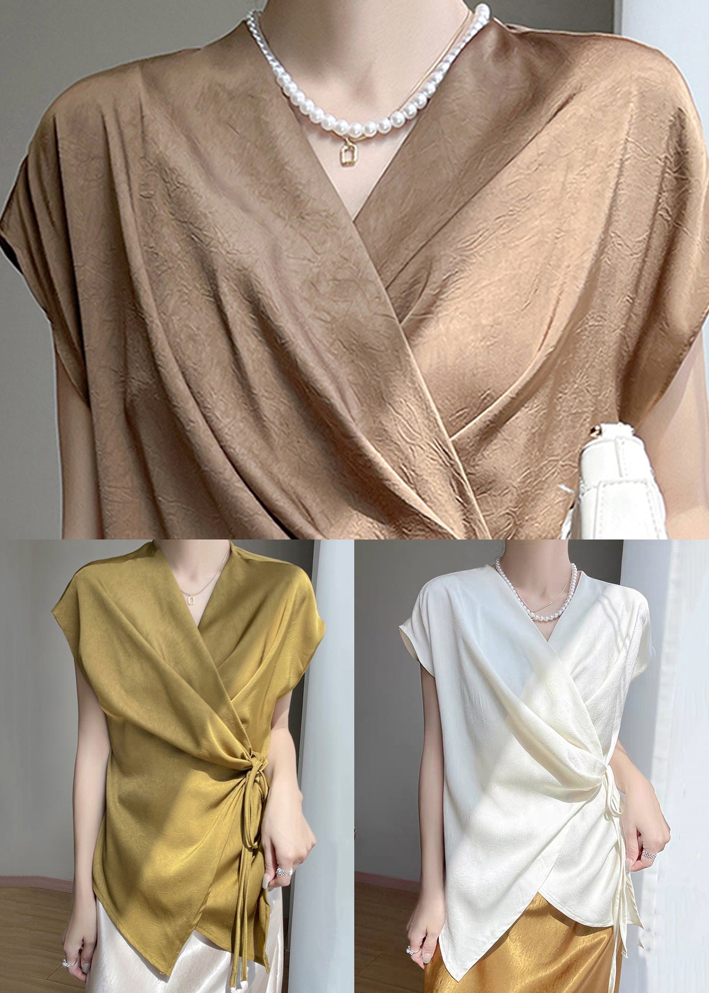 Loose Gold V Neck Lace Up Silk Shirts Summer
