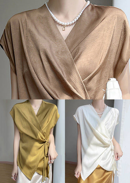 Loose Gold V Neck Lace Up Silk Shirts Summer