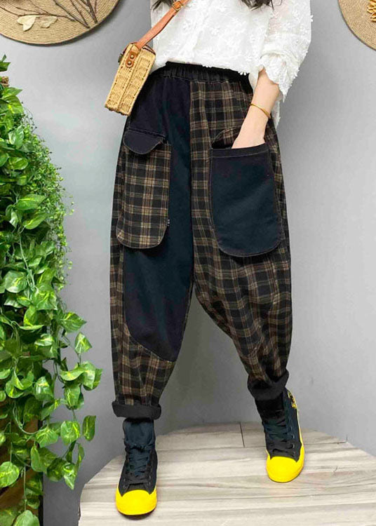 Loose Black Pockets Plaid Denim Pants Spring