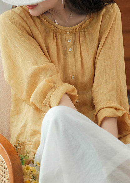 Modern Yellow O-neck Button Linen Shirt Tops Three Quarter Sleeve