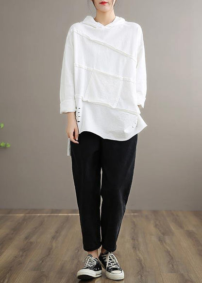 Handmade White Blouses for Hooded Patchwork Daily Spring Tops