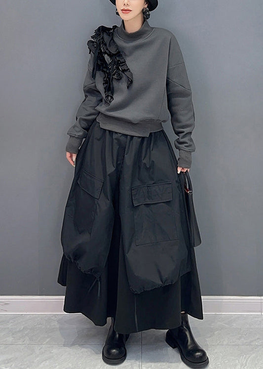 Stylish Grey Ruffled Sweatshirt and Black Skirts Cotton Two Piece Set Fall