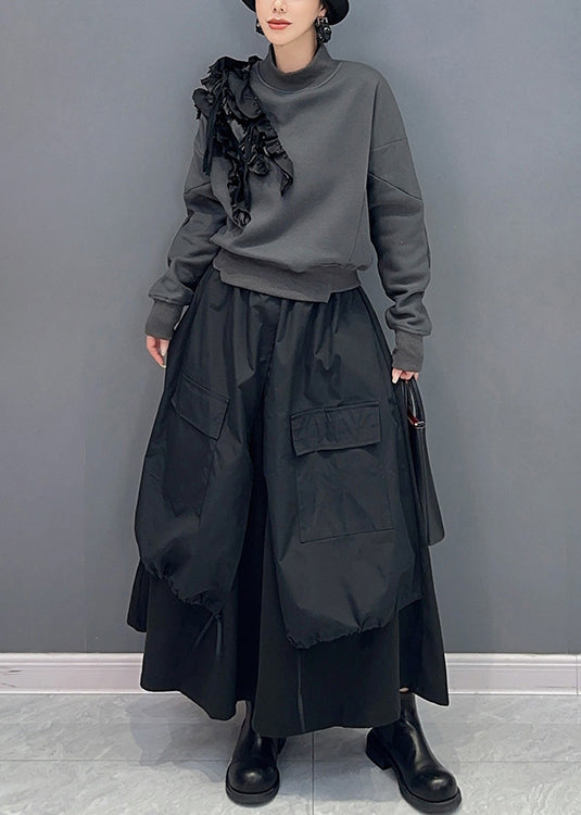 Stylish Grey Ruffled Sweatshirt and Black Skirts Cotton Two Piece Set Fall