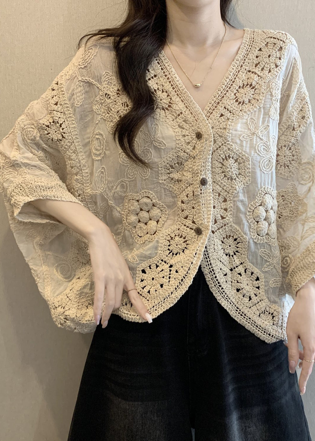 Handmade Apricot V Neck Hollow Out Button Cardigan Spring