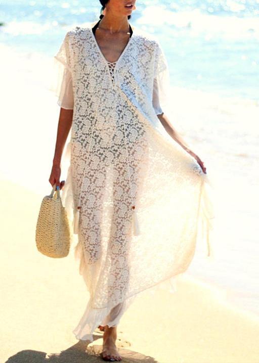 Fine White Patchwork Chiffon Kimono Robe Lace Dress