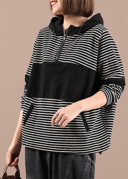 Black Patchwork Striped Hooded Pockets Fall Pullover