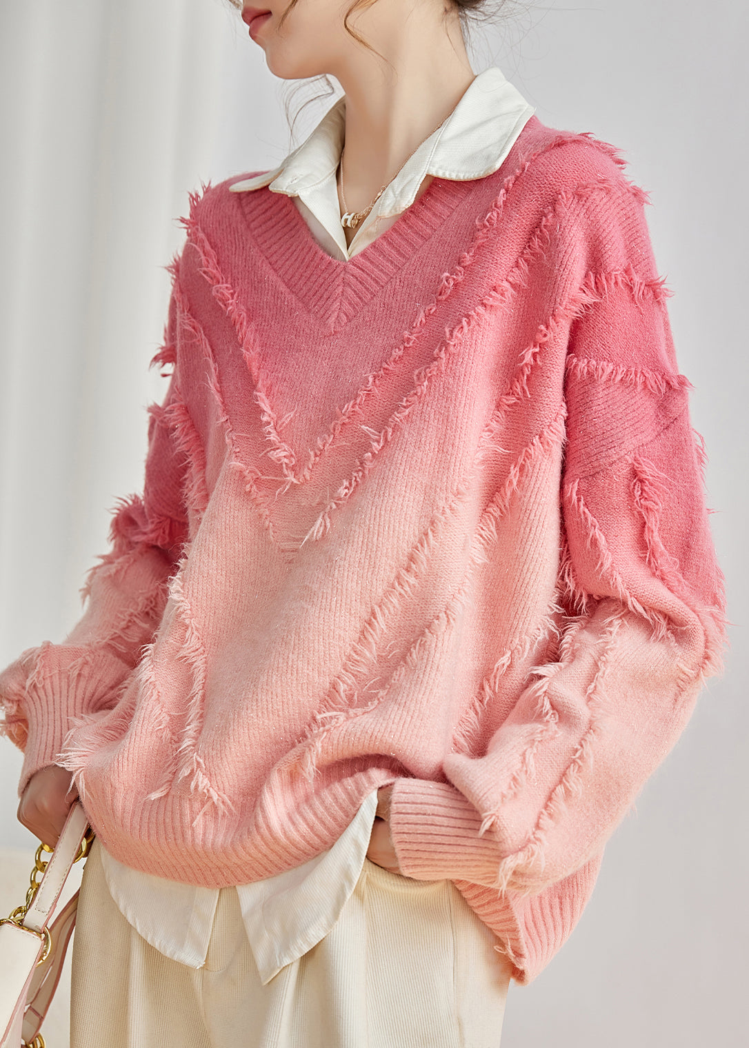Pink V Neck Gradient Tasseled Knit Sweater Top Spring