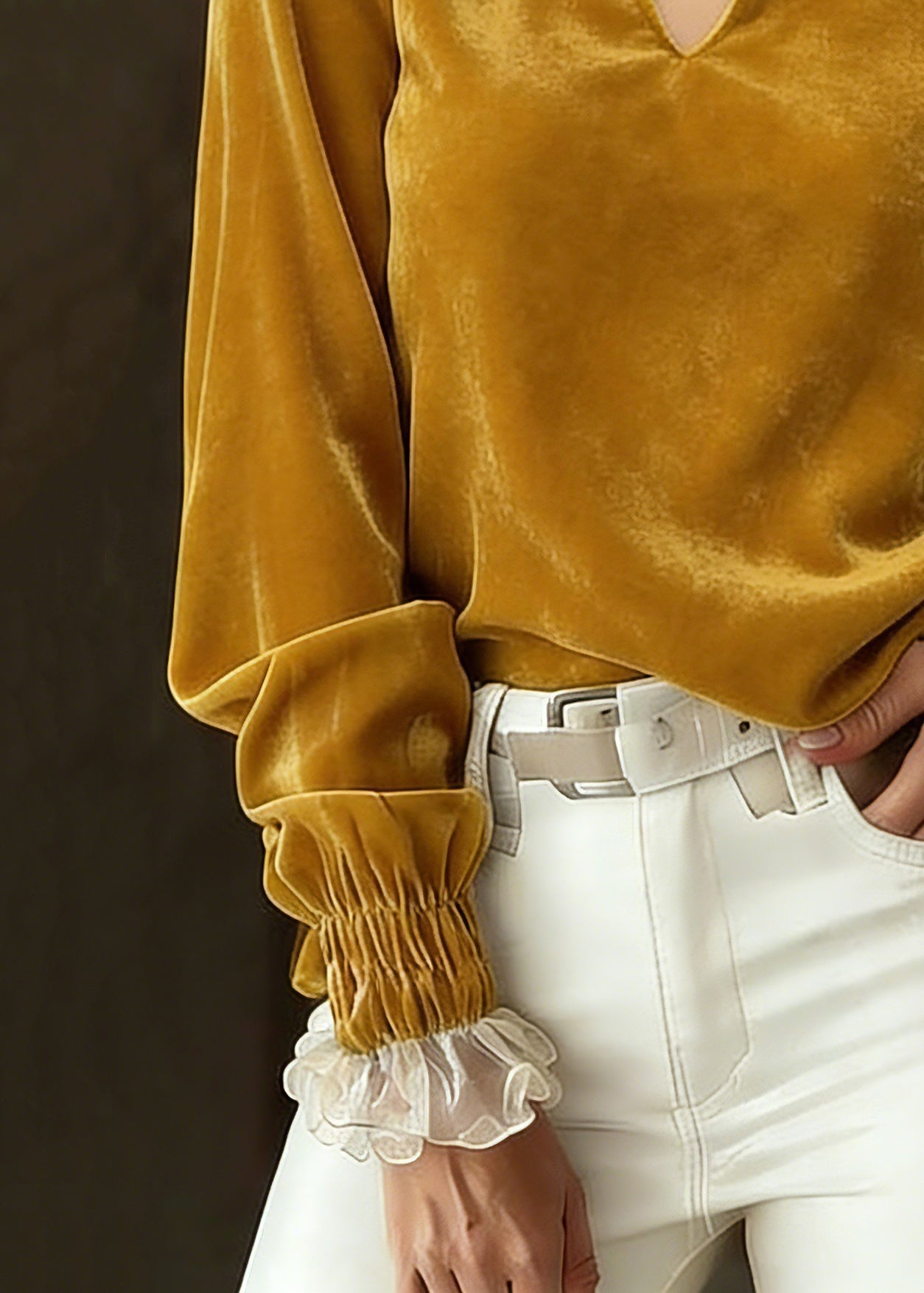 Fitted Yellow Hollow Out Silk Velour Shirts Spring