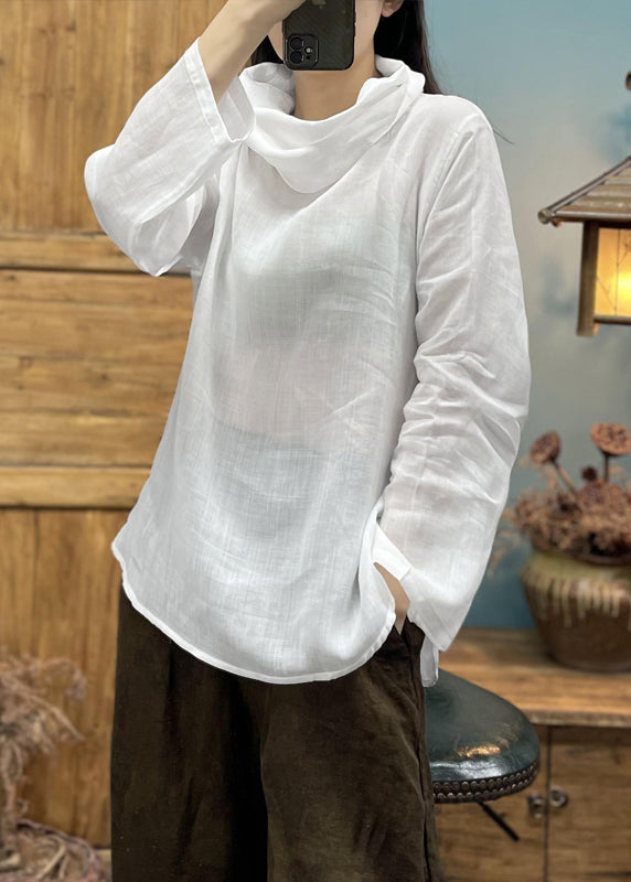 Loose Coffee Turtle Neck Linen Top Long Sleeve
