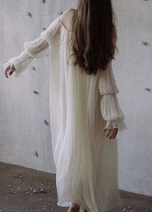 White O-neck Chiffon Dress Petal Sleeve