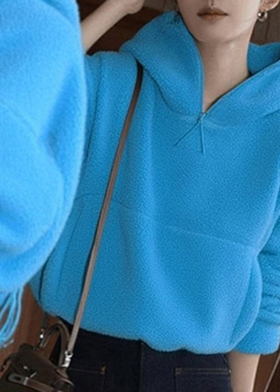 Blue Pockets Patchwork Faux Fur Hooded Sweatshirts Fall
