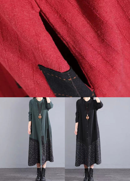 Black Stand Collar Button Patchwork Cotton Dress Fall
