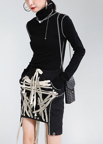 Black Elastic Waist Drawstring Pockets Asymmetrical Design Fall Skirts