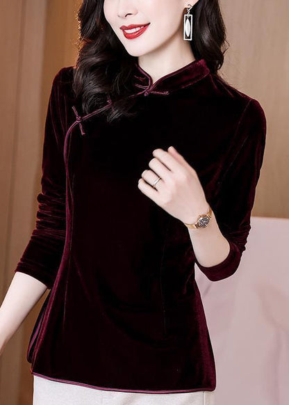 Mulberry Stand Collar Chinese Button Patchwork Velour Shirts Fall