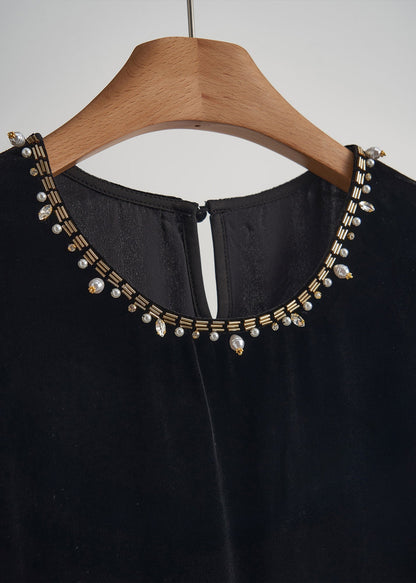 Black Nail Bead Patchwork Silk Velour Vests Fall
