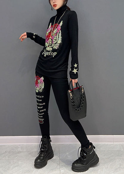 Novelty Black Turtleneck Animal Print Cotton Two Pieces Spring