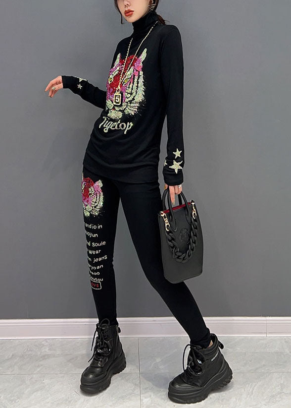 Novelty Black Turtleneck Animal Print Cotton Two Pieces Spring