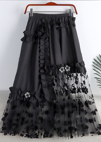 White Embroideried Elastic Waist Asymmetrical Patchwork Tulle a Line Skirt Summer