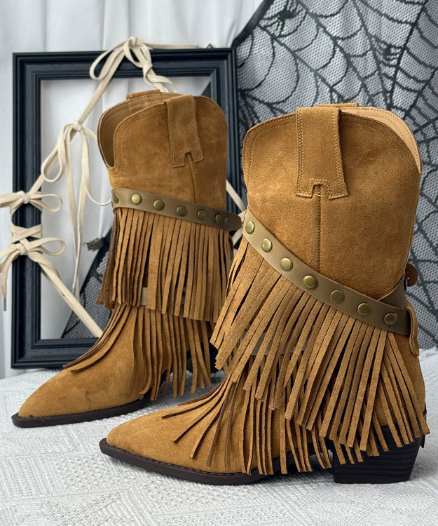 Khaki Suede Tassel Splicing Boots Pointed Toe