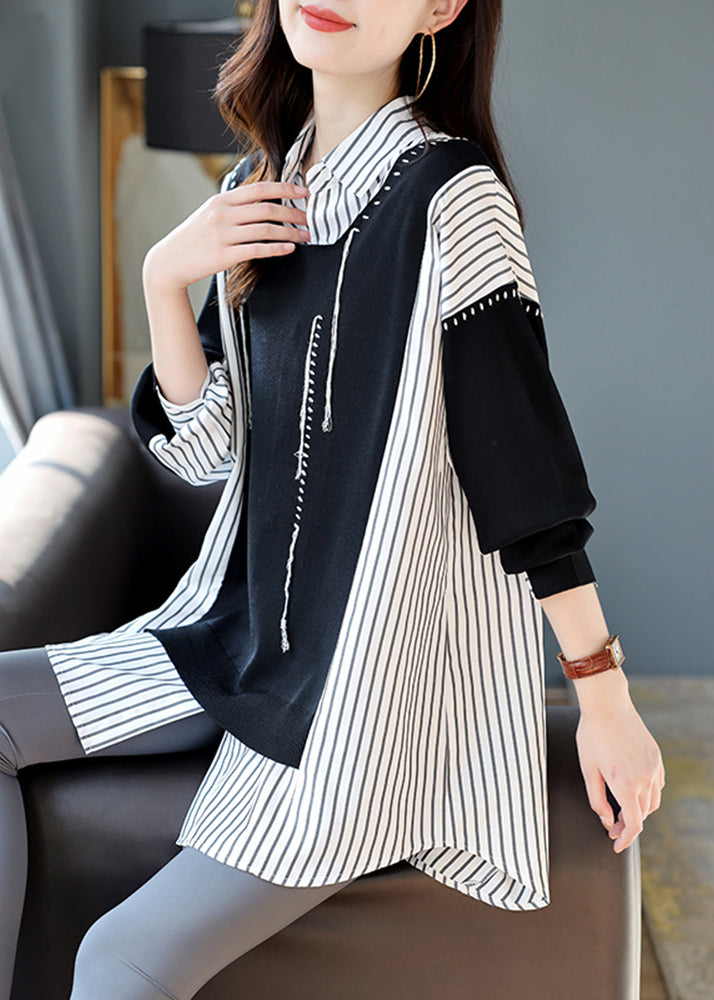 Black Striped Patchwork Low High Design Fake Two Pieces Shirt Long Sleeve