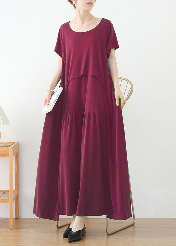 Red O-neck Exra Large Hem Long Dress Short Sleeve