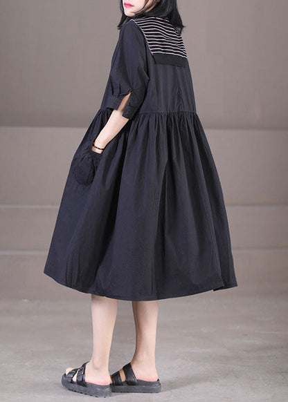 Black Sailor Collar Patchwork Cotton Pleated Dress Half Sleeve