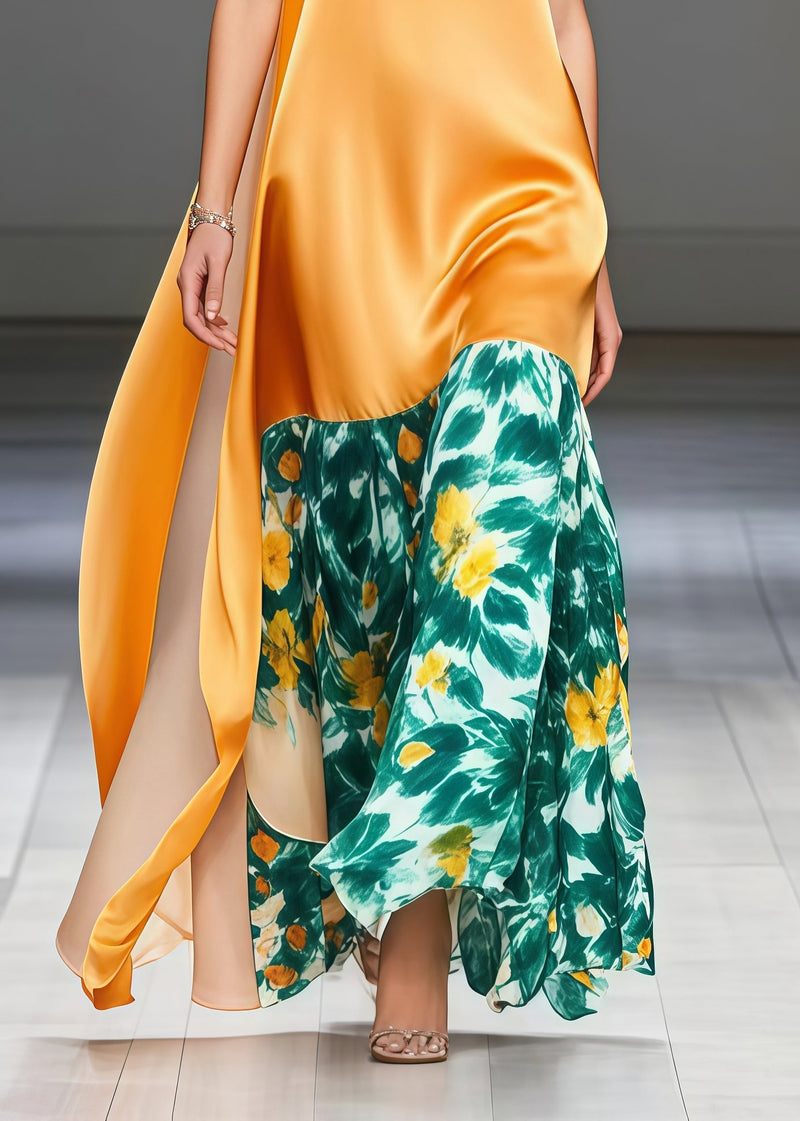 Diy Yellow Print Patchwork Side Open Silk Long Dress Summer
