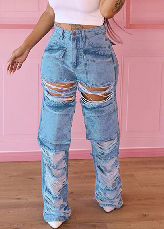 Blue Pockets Patchwork Ripped Jeans Summer