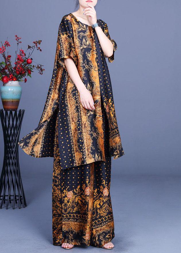French Black Yellow Print Silk Wide Leg Two Pieces Set