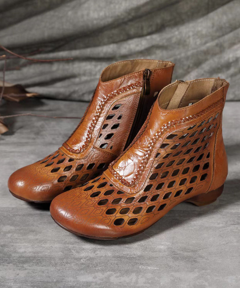 Hollow Out Splicing Wedge Boots Brown Cowhide Leather
