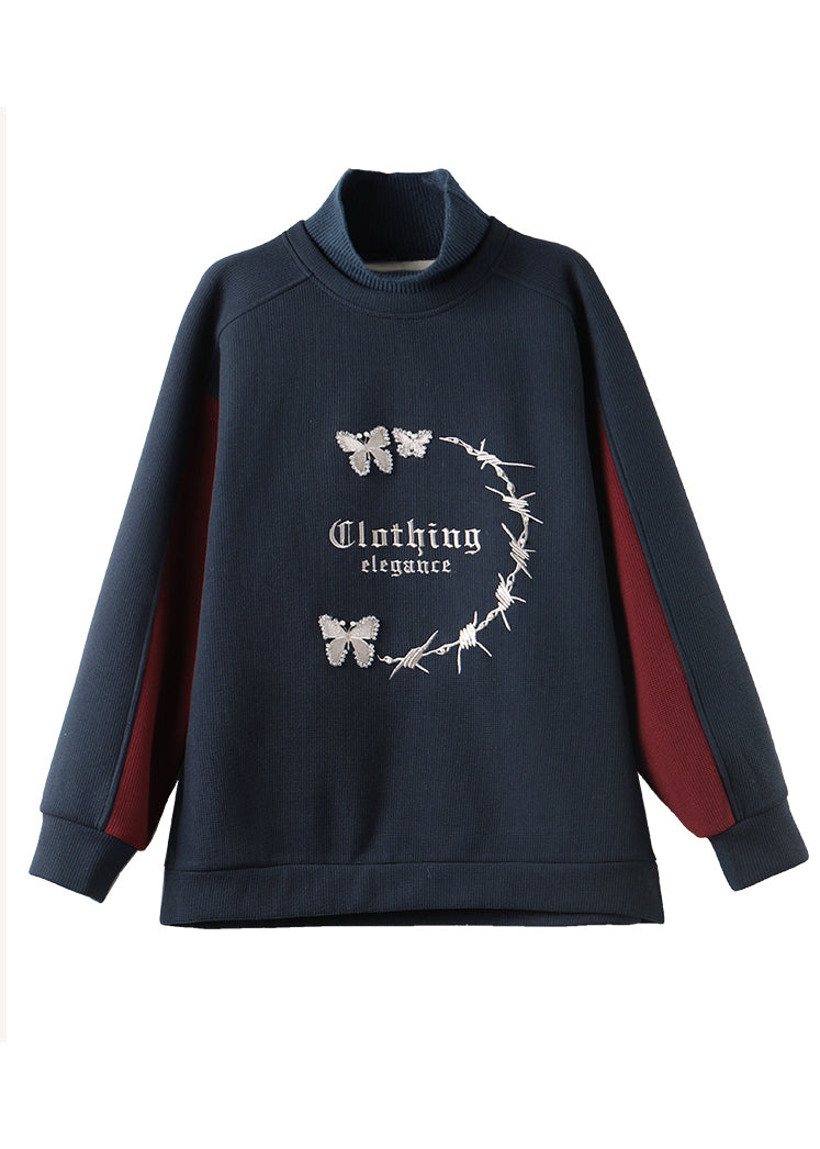 Navy Embroideried Patchwork Warm Fleece Sweatshirt Winter