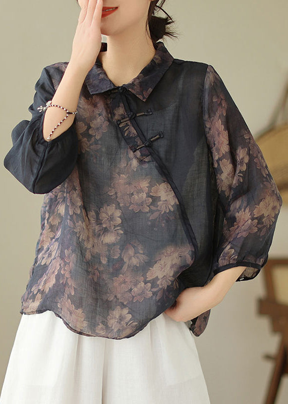 Black Button Print Patchwork Linen Top Bracelet Sleeve