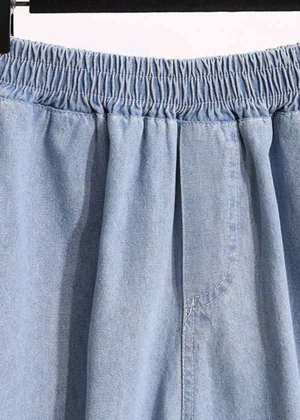 Light Blue Pockets Patchwork Denim Shorts Summer