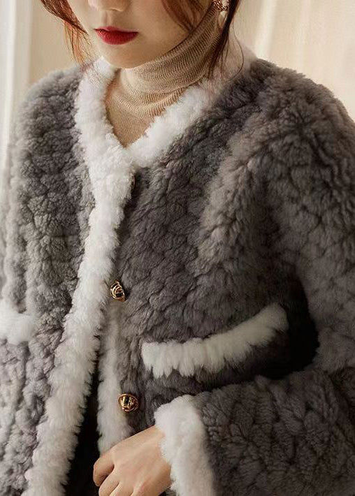 Grey O Neck Pockets Patchwork Wool Coat Winter