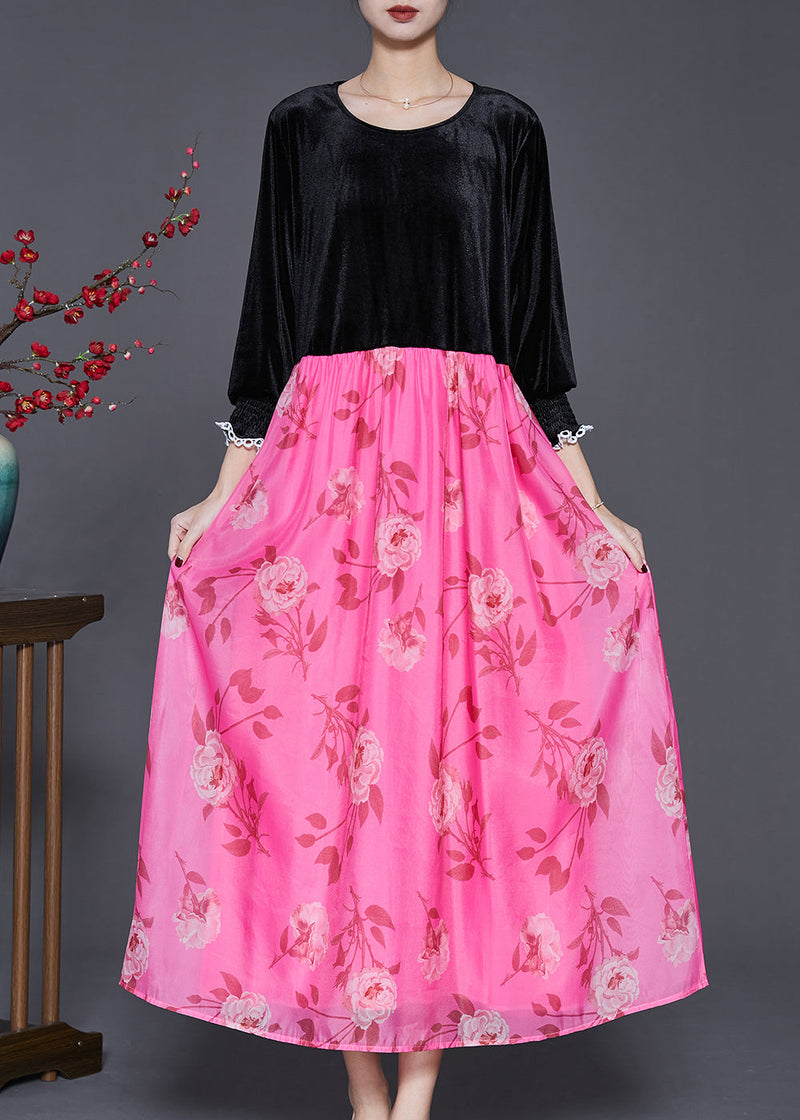 Black Oversized Patchwork Silk Velour Long Dresses Spring
