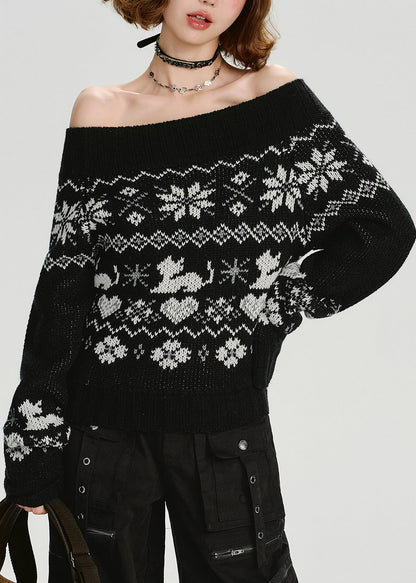 Black Slash Neck Jacquard Knit Sweater Tops Spring
