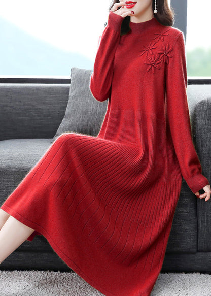 Black Patchwork Woolen Dress Embroideried Turtleneck Fall