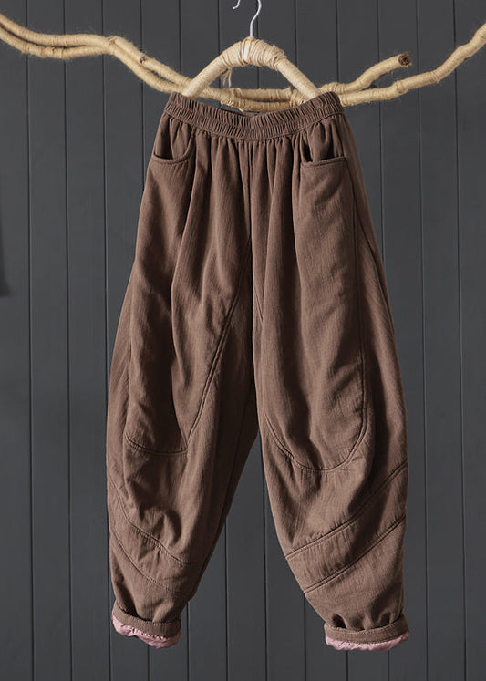 Coffee Pockets Patchwork Fine Cotton Filled Pants Winter