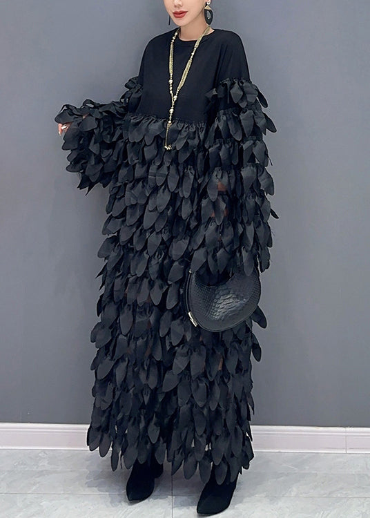 Black O Neck Patchwork Cotton Long Dress Spring