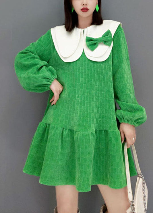 Green Peter Pan Collar Bow Plaid Velour Dresses Spring
