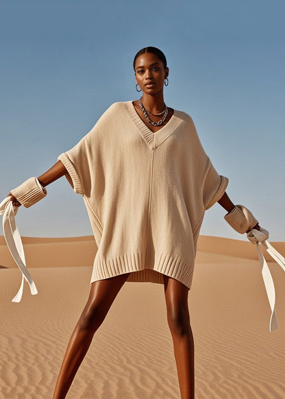 V Neck Mid Knit Sweater Dress Batwing Sleeve