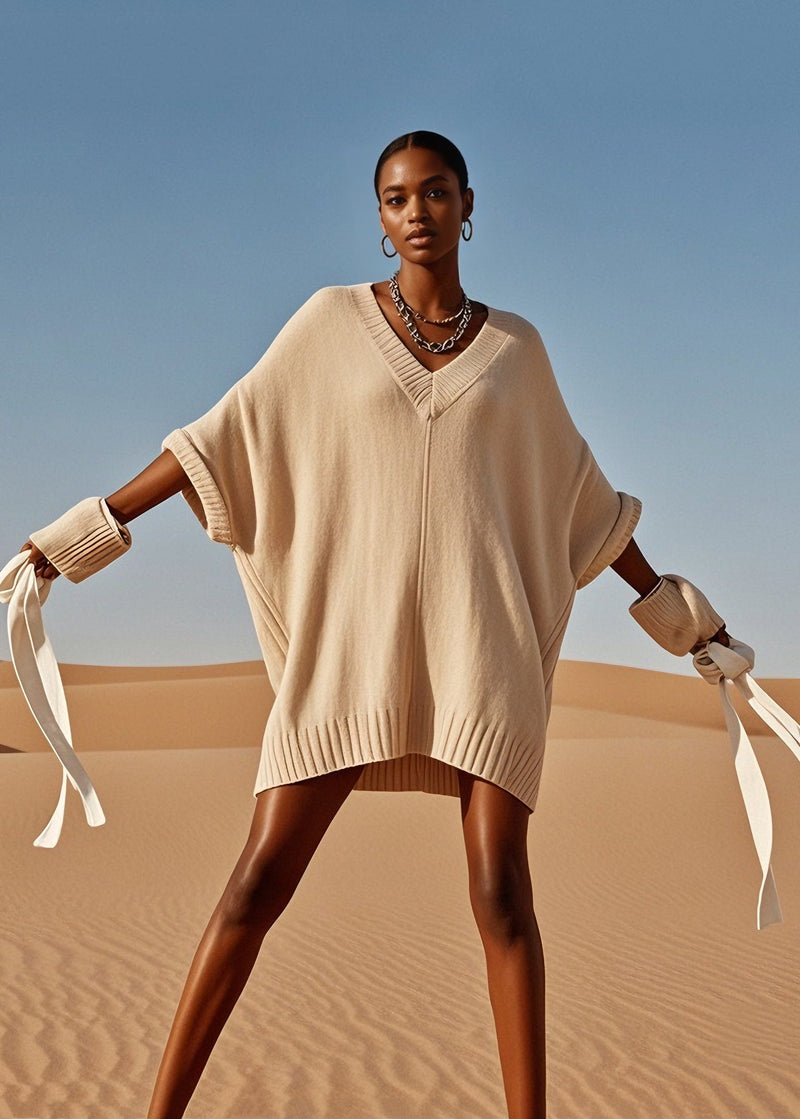 V Neck Mid Knit Sweater Dress Batwing Sleeve