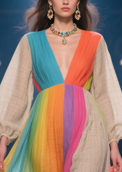 Rainbow V Neck Patchwork Linen Party Dress Lantern Sleeve
